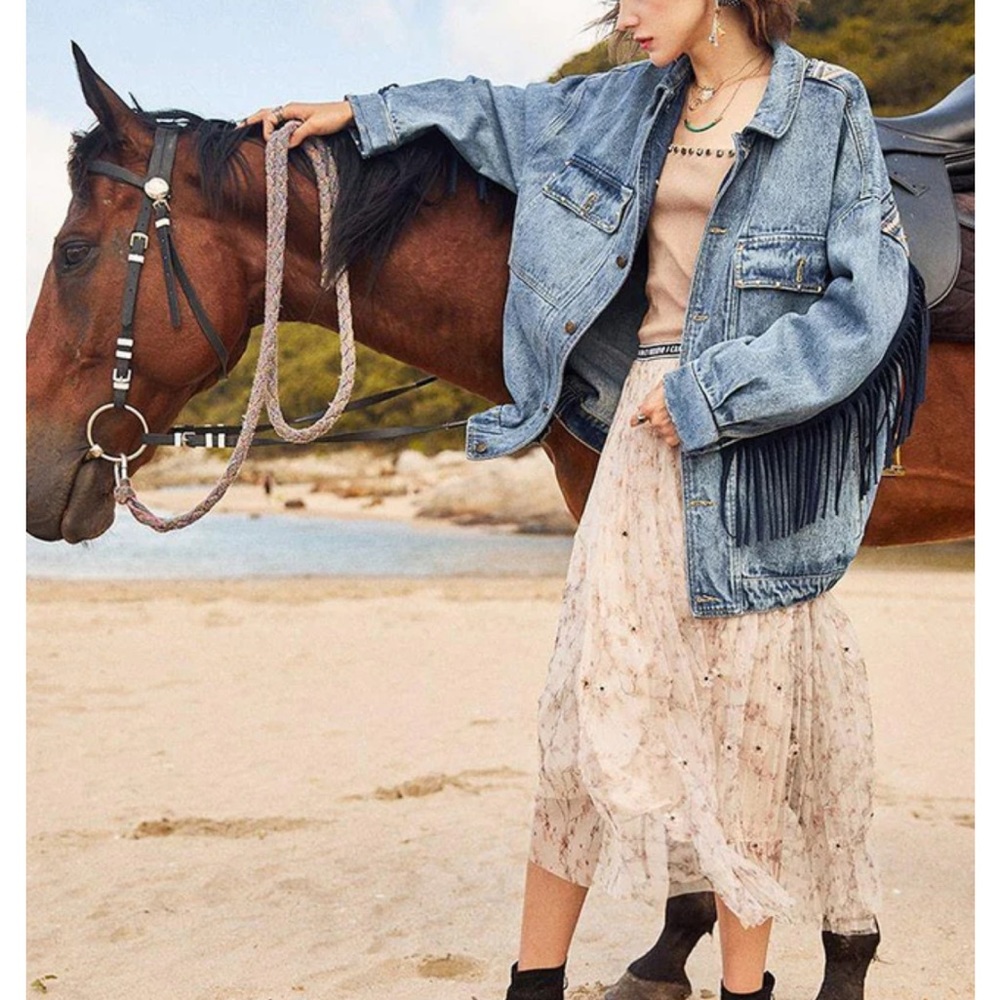 #53 New! Oversized Denim Stud Fringe Embroidered Jacket - Picture 2 of 5